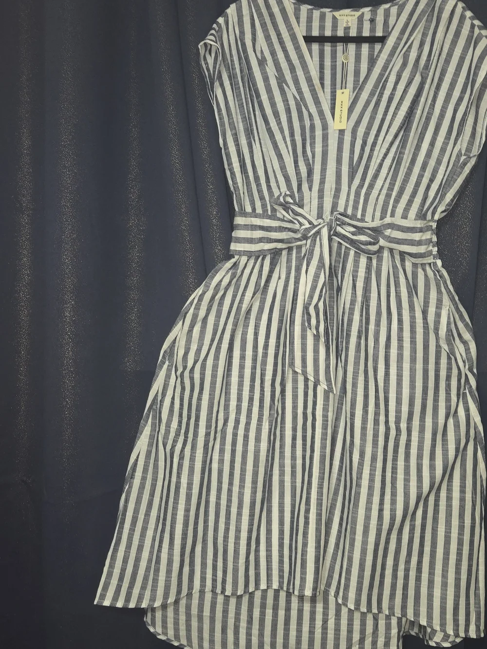Max Studio Navy and White Striped Tie-Waist High-Low Dress